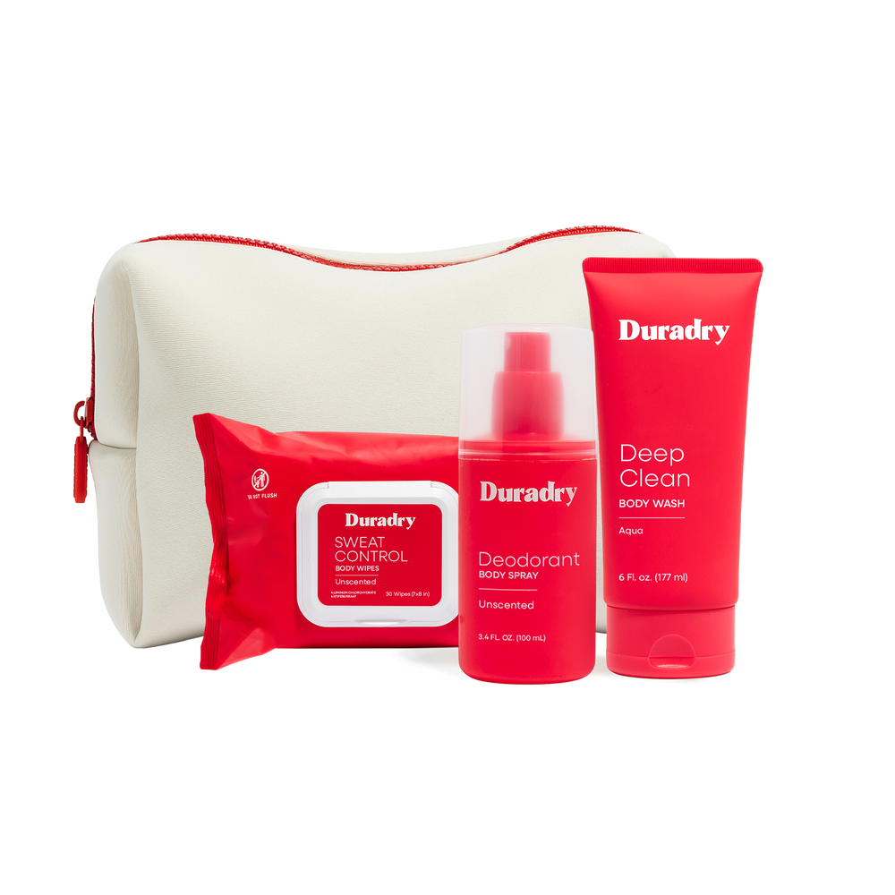 Duradry Body Care Starter Kit with cream travel bag — Deep Clean Body Wash, Sweat Control Body Wipes and Deodorant Body Spray