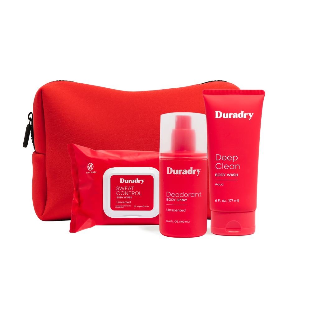 Duradry Body Care Starter Kit with red travel bag — Deep Clean Body Wash, Sweat Control Body Wipes and Deodorant Body Spray