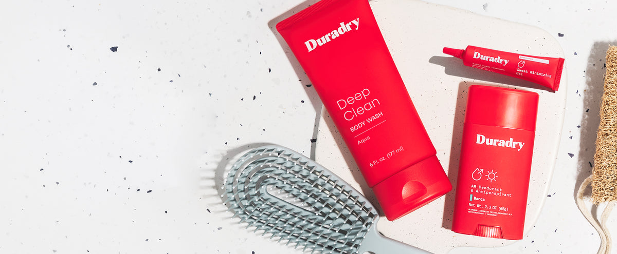 Duradry quiz results — Deep Clean Body Wash, Clinical Sweat Control Stick and Intensive Sweat Minimizing Gel on a white background