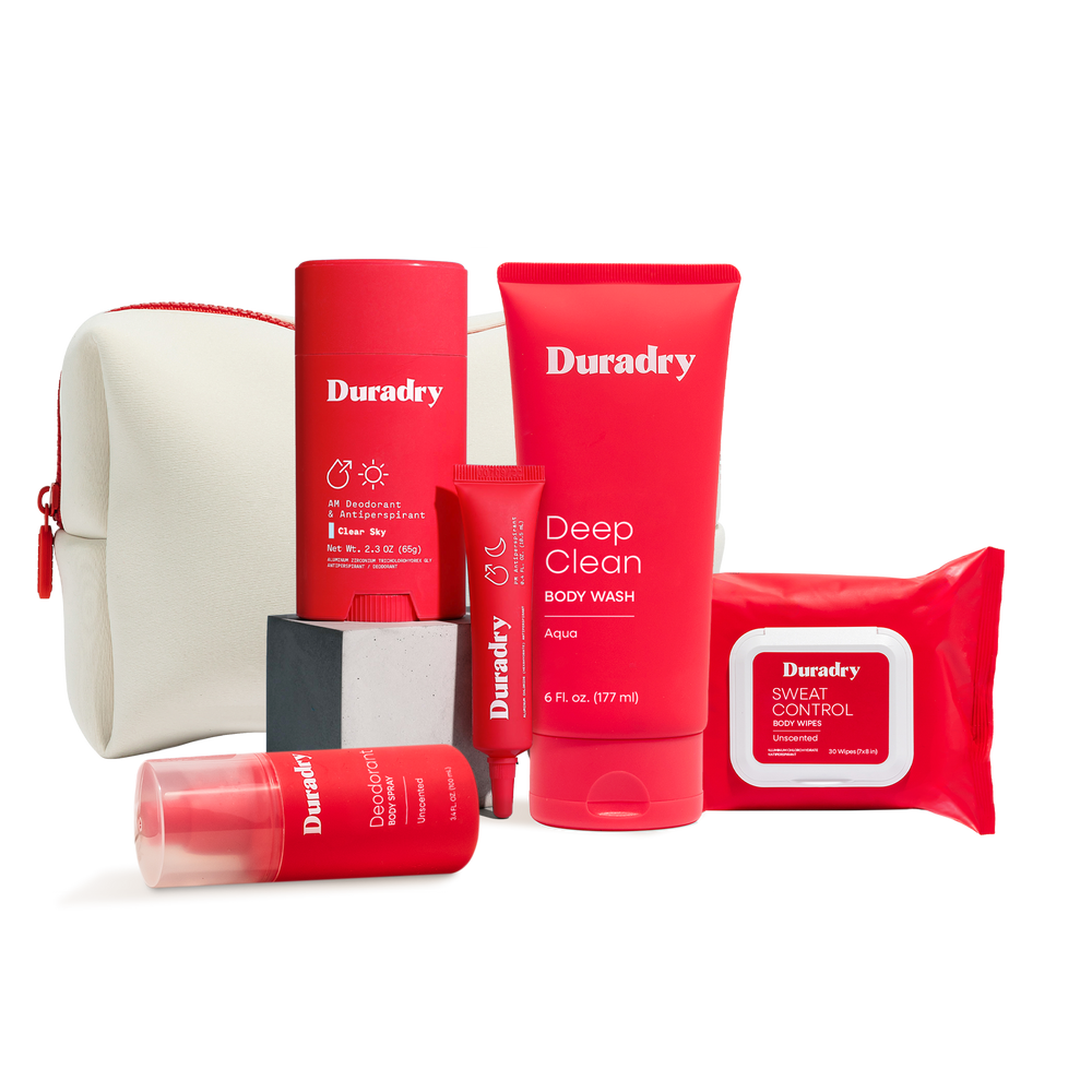 Duradry Signature Starter Kit with cream travel bag — five-piece full-body sweat care set
