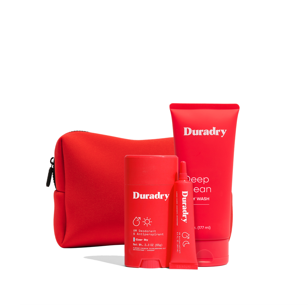 Duradry Sweat Control Trio kit with Clinical Sweat Control Stick, Intensive Sweat Minimizing Gel and Deep Clean Body Wash, with red travel bag